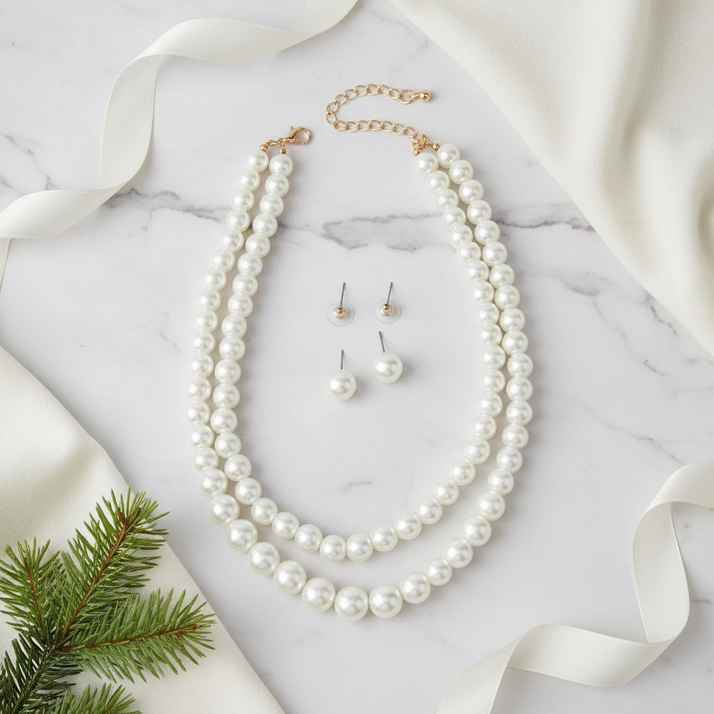 Holiday flat lay of pearl necklace and earring set