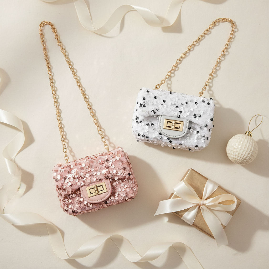 Pink and white sequin velvet crossbody purses with gold chain straps styled in elegant holiday flat lay with neutral decor