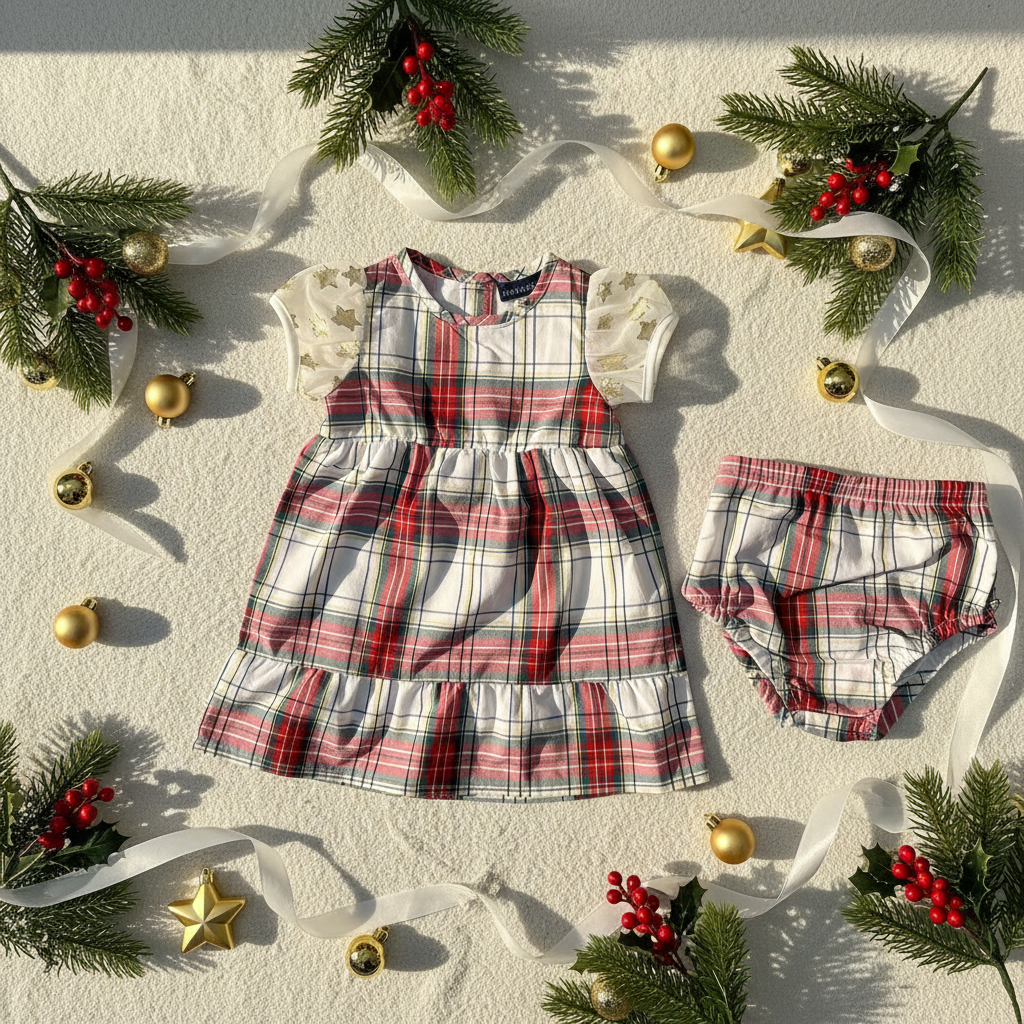 Festive flat lay of plaid holiday dress with gold star sleeves styled with Christmas decorations including pine branches, berries, and gold ornaments