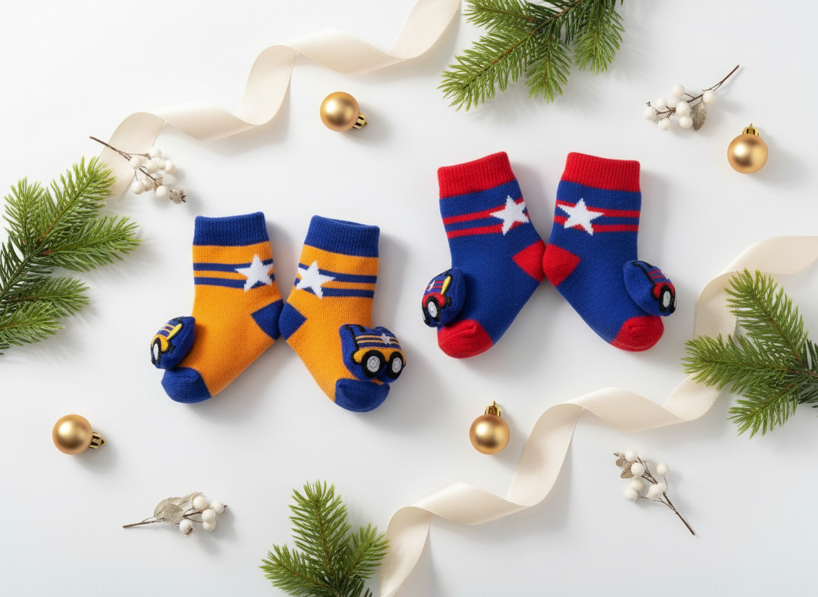 Holiday-inspired flat lay with rattle socks