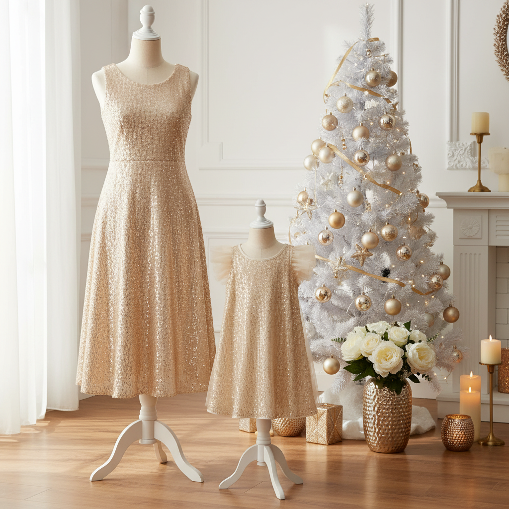 Matching mother daughter champagne gold sequin dresses styled together for holidays - Mommy & Me coordinating formal dresses with flutter sleeves