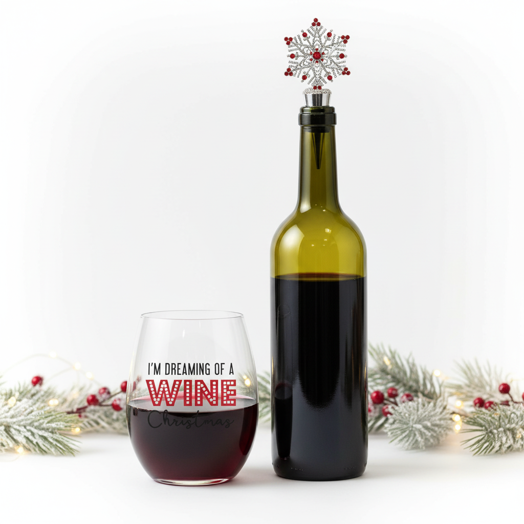 Stemless wine glass with I'm Dreaming of a Wine Christmas text filled with red wine, displayed next to wine bottle with decorative snowflake stopper with red crystals, holiday gift set
