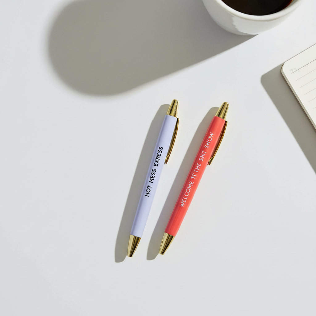 Hot Mess Express and Welcome to the Shit Show pens minimalist flat lay product image for funny office gift set