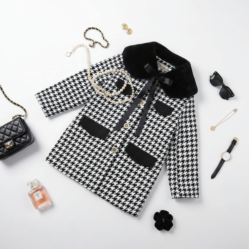 Flat lay of girls' black and white houndstooth coat with faux fur collar styled with luxury Chanel-inspired accessories including quilted handbag, perfume, and pearl jewelry on white background