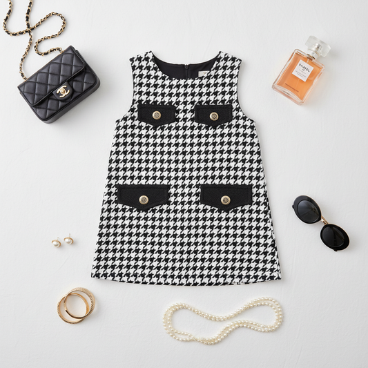 Flat lay of classic black and white houndstooth girls' shift dress with gold button details styled with luxury Chanel-inspired accessories including quilted handbag, perfume, and pearl jewelry on white background