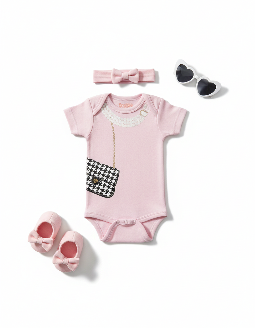 Flat lay of pink houndstooth purse onesie with heart sunglasses and bow shoes on white background
