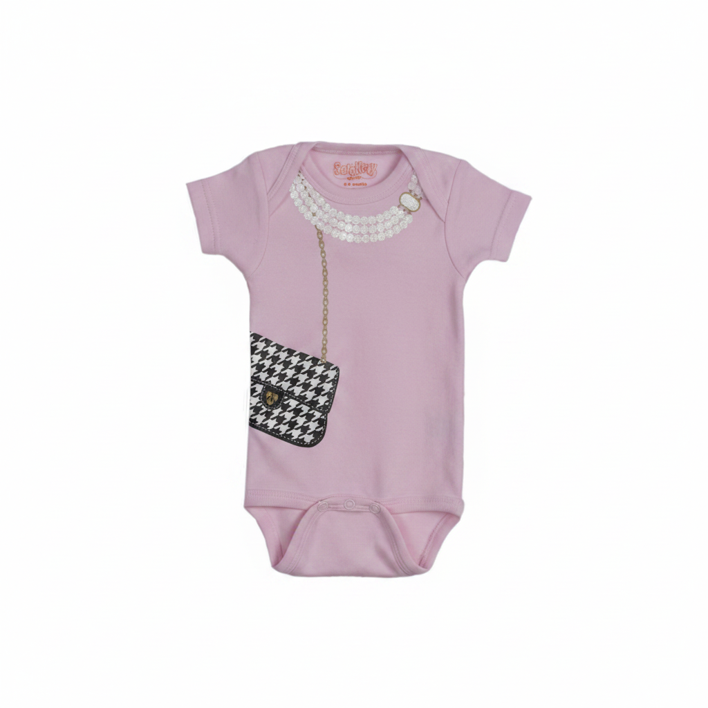 Houndstooth Purse Pearl Necklace Onesie Flat Lay