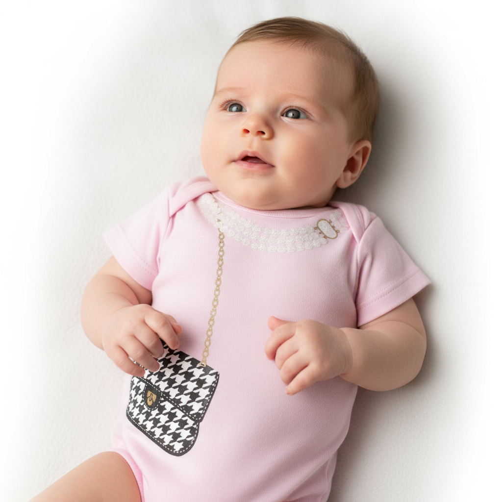 Houndstooth Purse Pearl Necklace Onesie on Infant