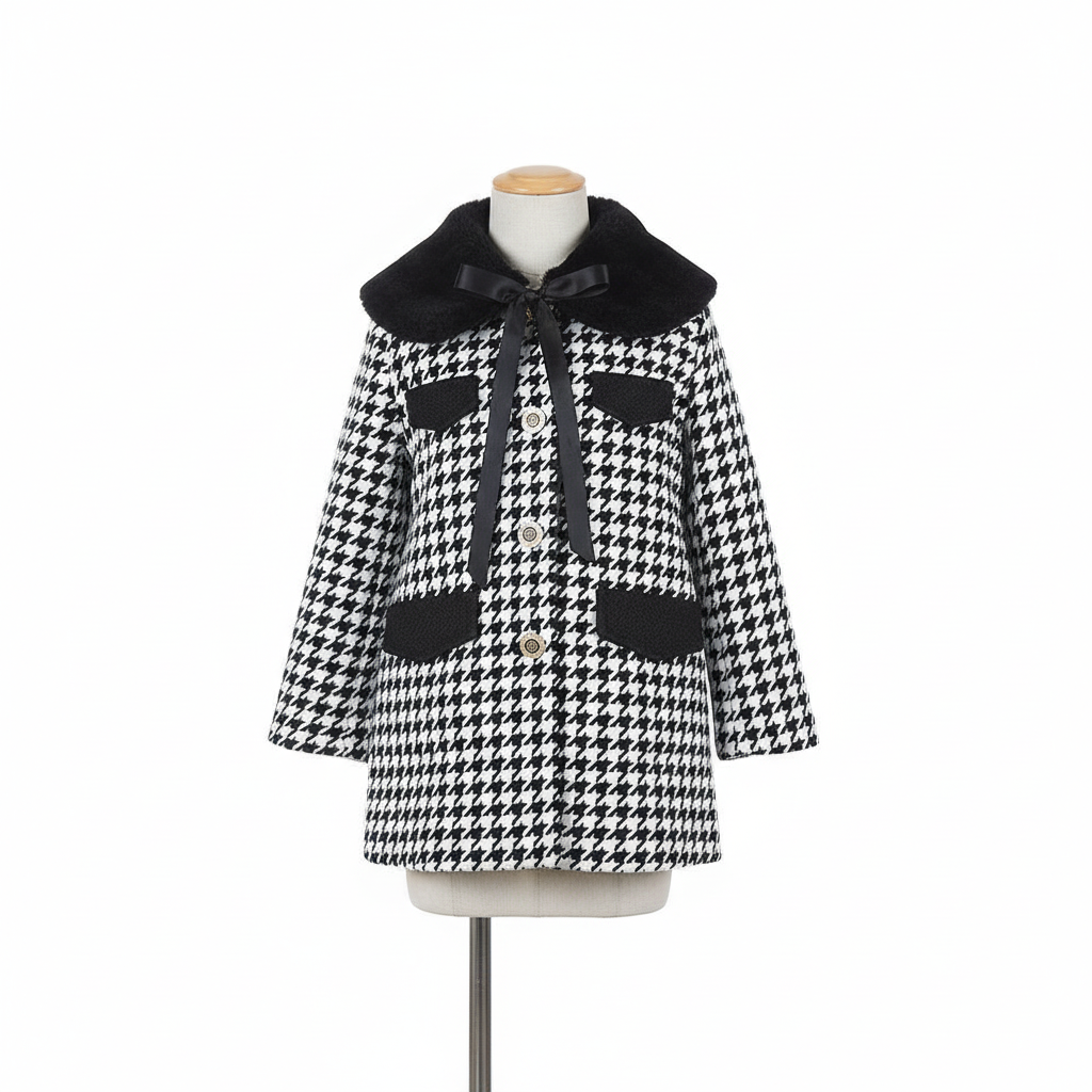Black and white houndstooth coat with detachable faux fur collar on clean white background, minimalist styling