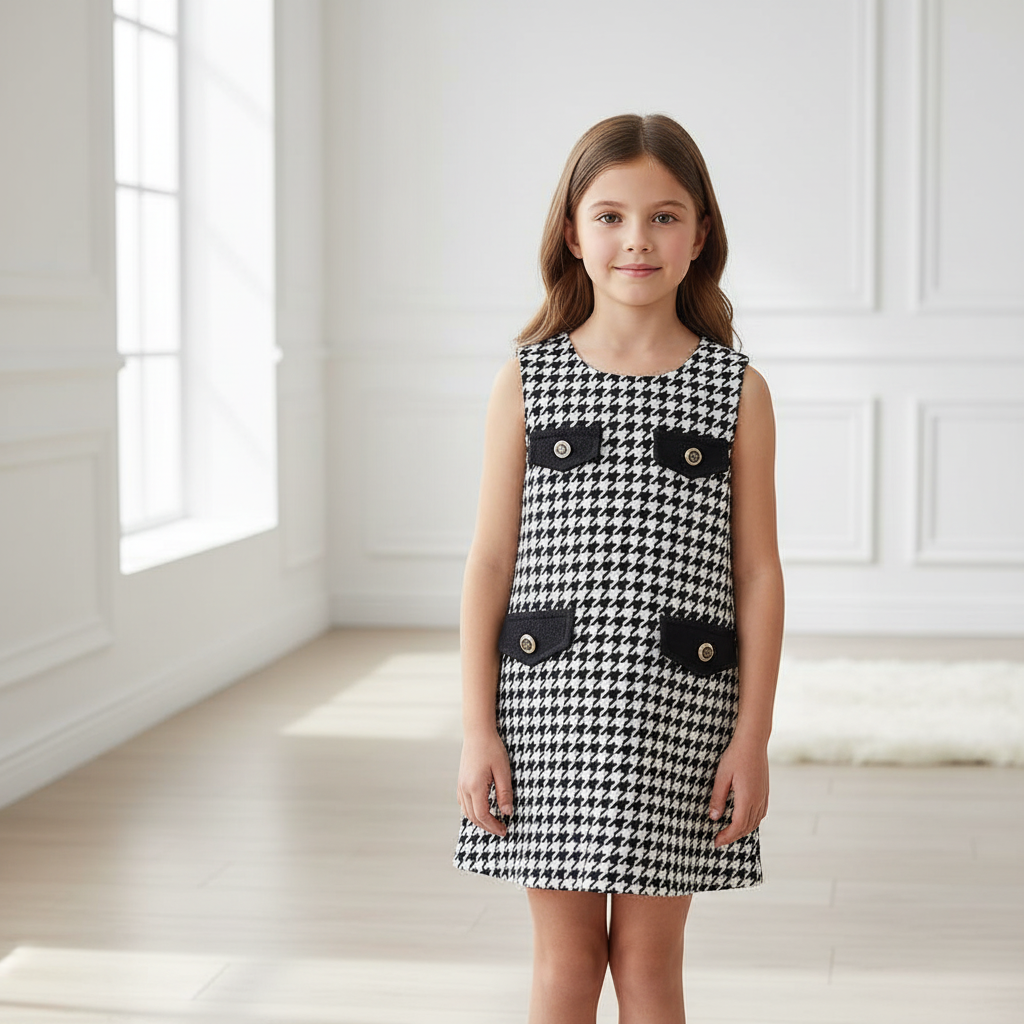 Young girl wearing classic black and white houndstooth shift dress with gold button details in bright interior setting