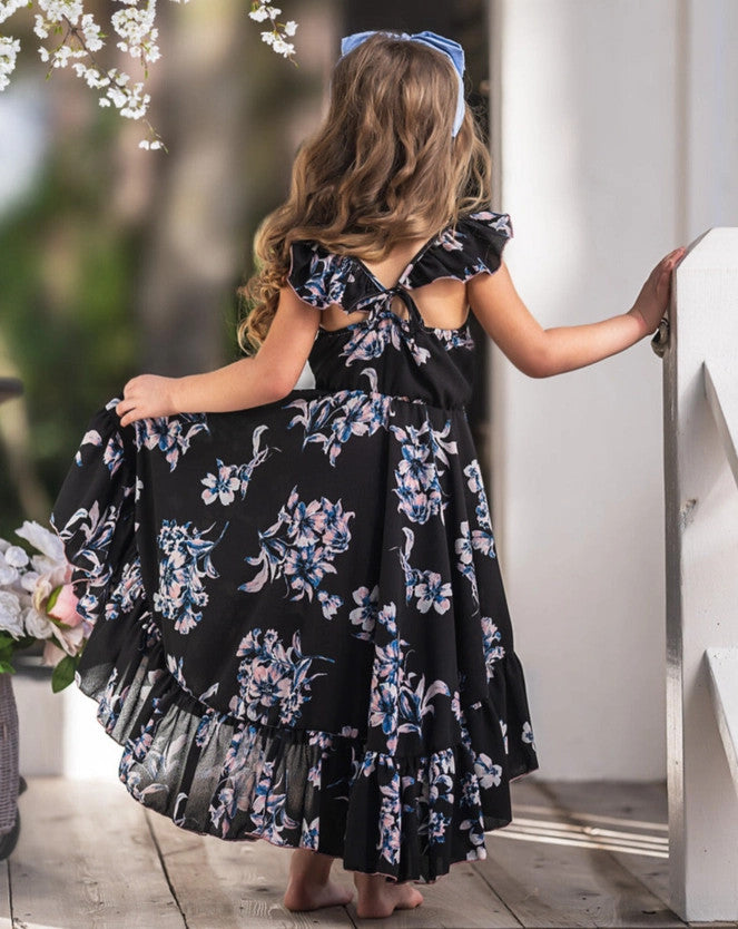 Girls' Garden Party Floral Hi-Lo Ruffle Navy