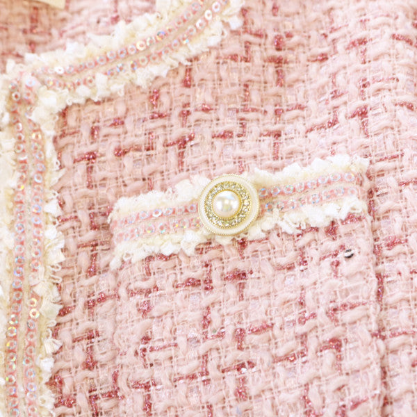 Girls' Pink Sequin Tweed Jacket with Pearl Buttons