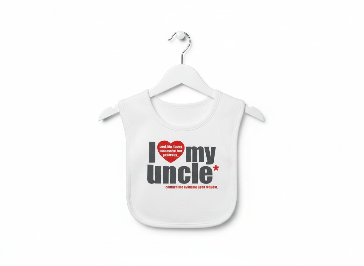White I Love My Uncle baby bib with red heart hanging on white hanger against white background
