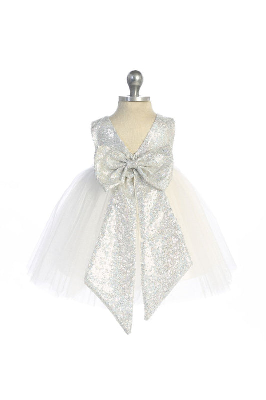 Infant Ivory/Silver Sequin Back V Dress