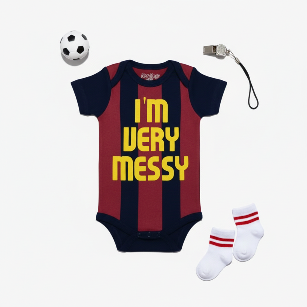 Flat lay of navy I'm Very Messy soccer jersey onesie with soccer props on white background
