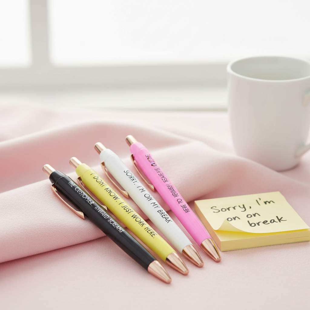 Customer Service funny pen set 5 pastel pens in mint green black white yellow and pink with rose gold accents on pink surface with sticky note and coffee mug – retail worker coworker gift under $20