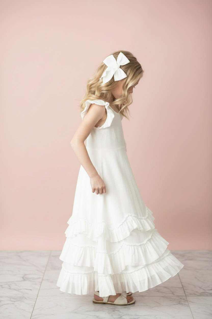 Side view of girls white flutter sleeve maxi dress showing triple tiered ruffle hem and flutter sleeve detail on blush pink backdrop
