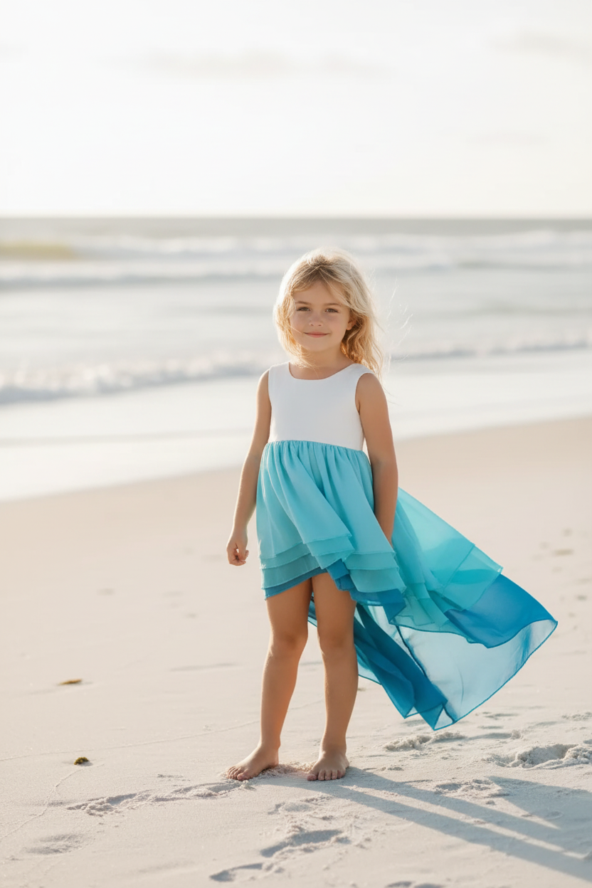 Girl on sandy beach at golden hour wearing blue ombre hi-lo tiered dress – girls ocean blue sleeveless summer beach dress