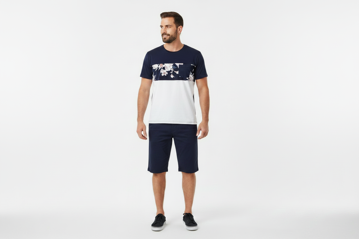 Men's navy blue white color-block floral print t-shirt styled with navy shorts matching family outfit
