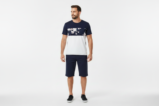 Men's navy blue white color-block floral print t-shirt styled with navy shorts matching family outfit