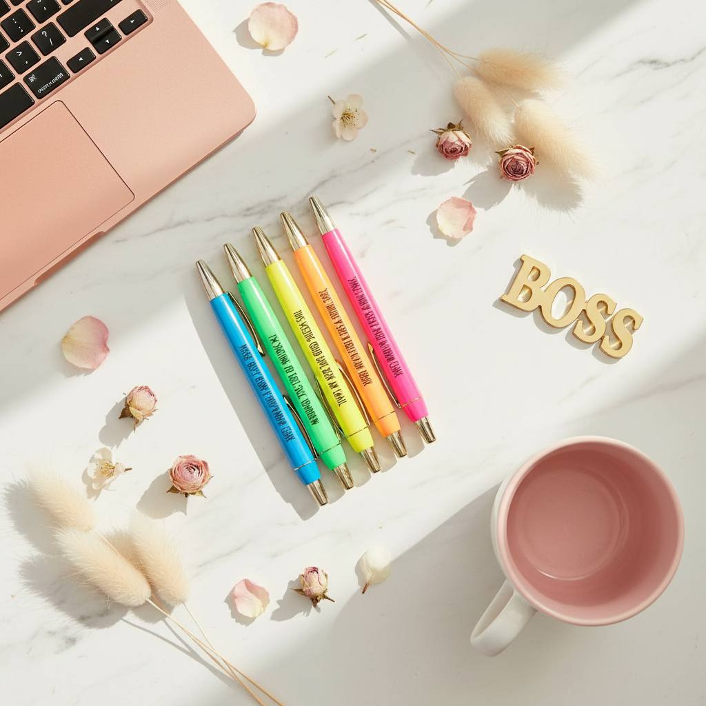 Work Sucks neon pen set Instagram flat lay on white marble with rose gold MacBook pink coffee mug gold boss sign and flowers – funny coworker office gift