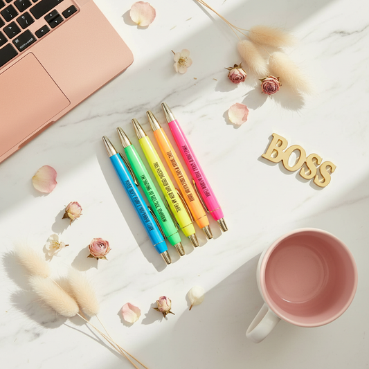 Work Sucks neon pen set Instagram flat lay on white marble with rose gold MacBook pink coffee mug gold boss sign and flowers – funny coworker office gift