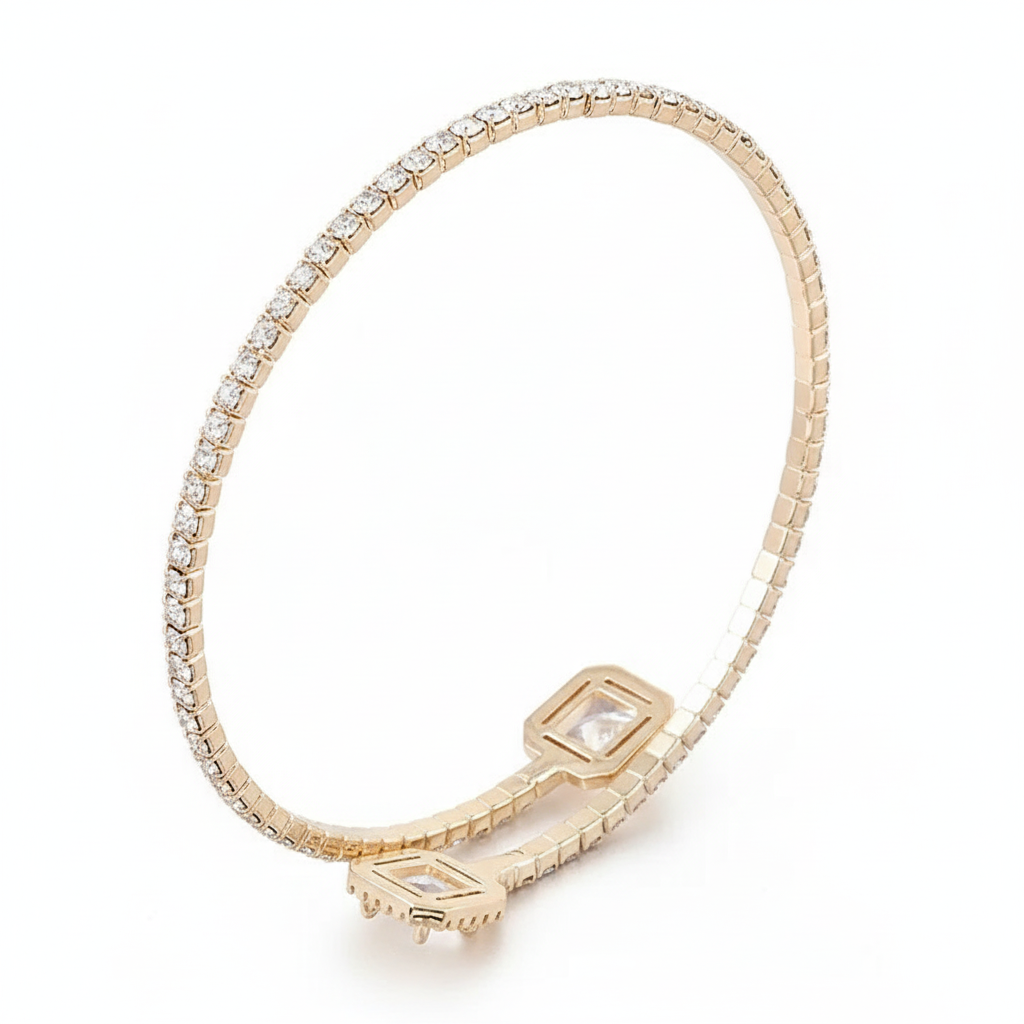 Gold crystal cuff bracelet - side angle showing rhinestone band and square stone accents
