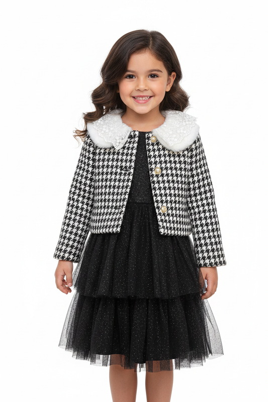 4-year-old girl wearing black cream houndstooth tweed jacket with lace fur Peter Pan collar over black glitter tulle dress – girls holiday outfit hero image