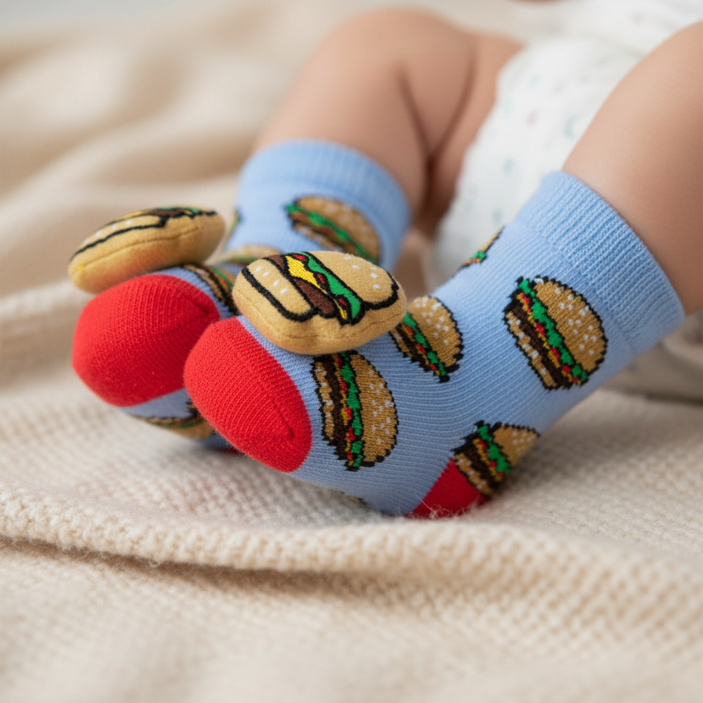 Baby feet wearing light blue cheeseburger print infant rattle socks with 3D cheeseburger appliqué, boutique baby gift photography