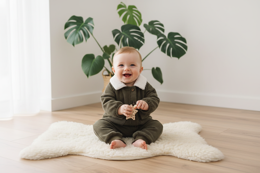 Baby wearing olive green corduroy jumpsuit with white sherpa collar sitting on sheepskin rug with natural wood floor and monstera plant in minimalist Scandinavian nursery