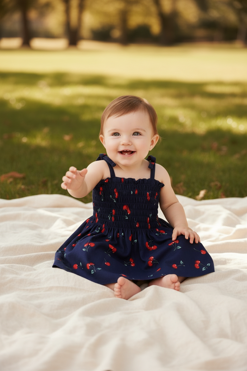 Navy Cherry Print Smocked Dress - Baby Girl Bow Strap
