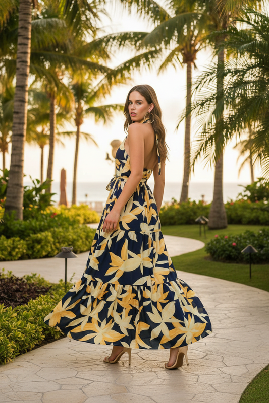 Woman in navy tropical leaf print halter maxi dress turned to show open back at outdoor resort — vacation maxi dress for summer events
