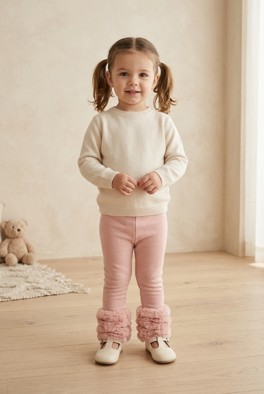 Toddler girl wearing pink blush leggings with fluffy fur ankle trim and cream sweater, a cozy boutique fall outfit