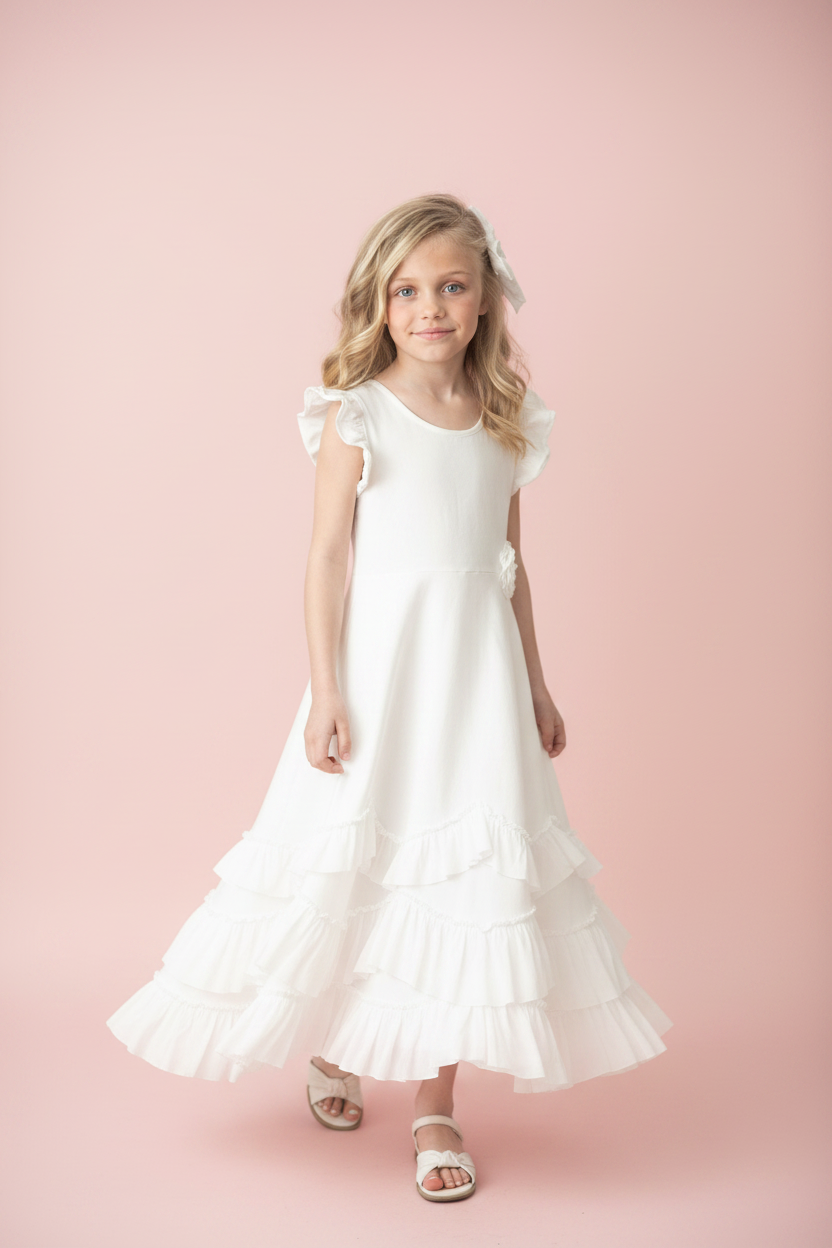 Girl walking gracefully in white ivory flutter sleeve triple ruffle maxi dress showing natural hem movement, blush pink backdrop