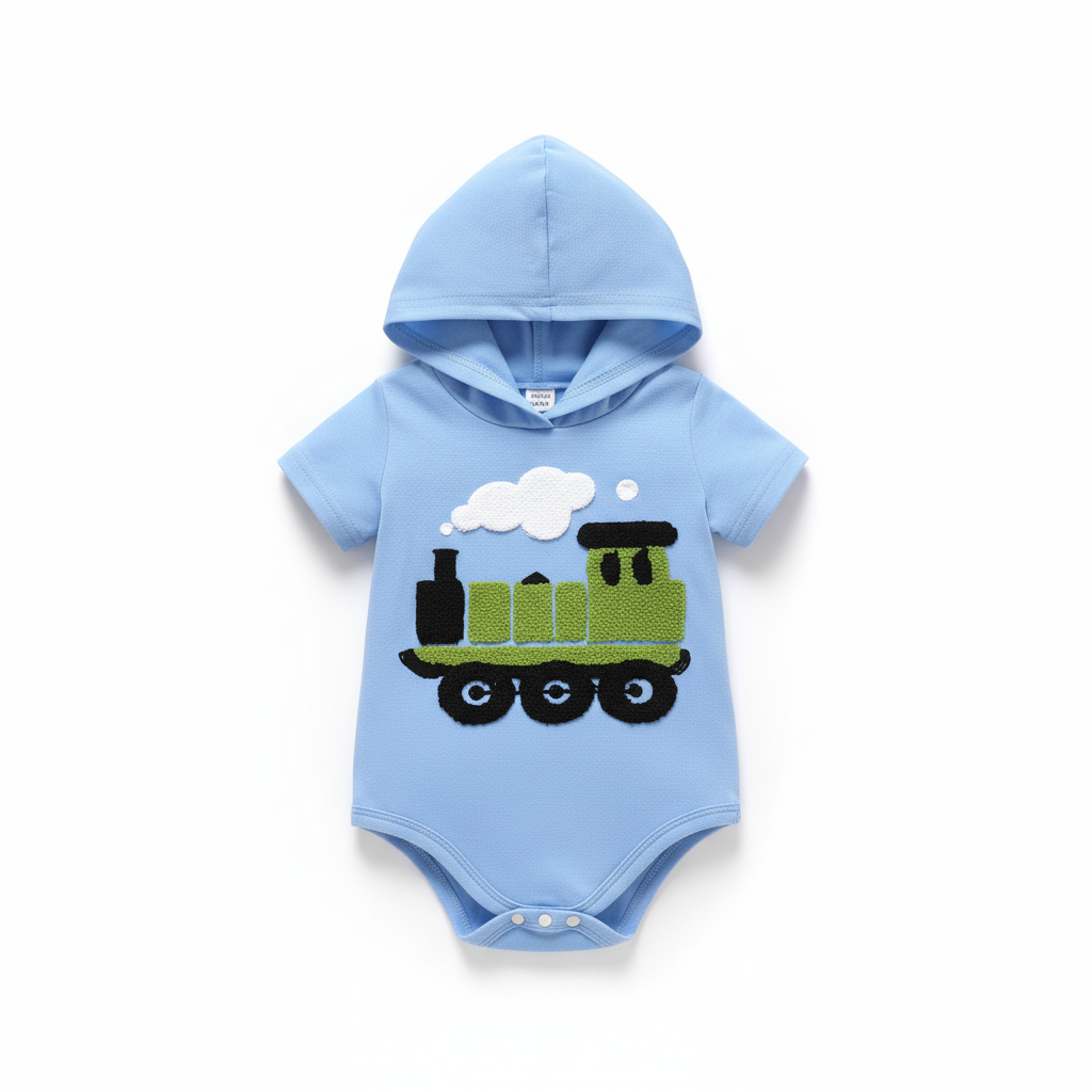 Light blue baby boy hooded onesie with green and black train appliqué design on clean white background
