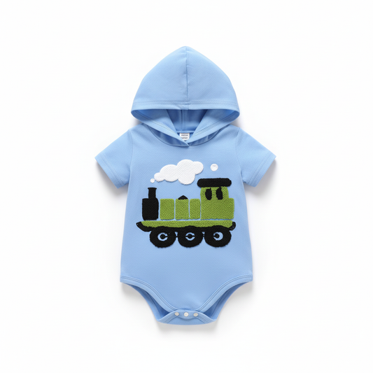 Light blue baby boy hooded onesie with green and black train appliqué design on clean white background