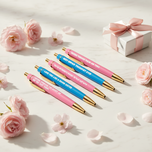 The Besties funny friendship pen set 5 pink and blue ballpoint pens with gold accents on white marble with pink flowers and gift box – BFF birthday Galentines gift