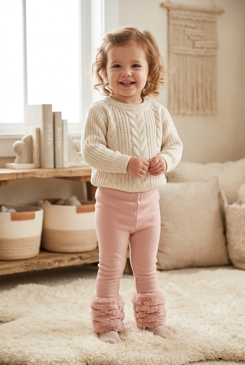 Toddler girl in pink blush fur-ankle leggings and cream sweater in a warm cozy interior, perfect for fall photos