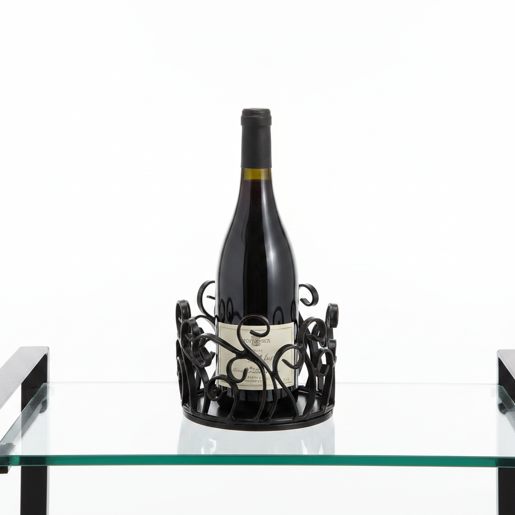 Black metal decorative scrollwork wine bottle coaster on glass bar cart with wine bottle, white background product hero shot