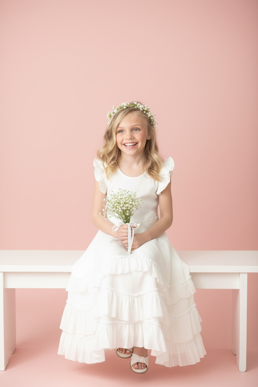 Girl in white ivory flutter sleeve ruffle maxi dress lifestyle boutique photo with floral crown on blush pink backdrop, girls First Communion flower girl dress