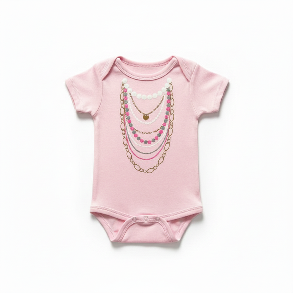 Light pink baby girl onesie with layered pearl and gold chain necklace print, premium flat lay product photography on white background