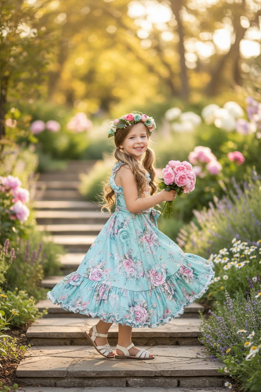 Girl in aqua floral rose ruffle dress in garden lifestyle photo with floral crown, girls flower girl and party dress boutique editorial