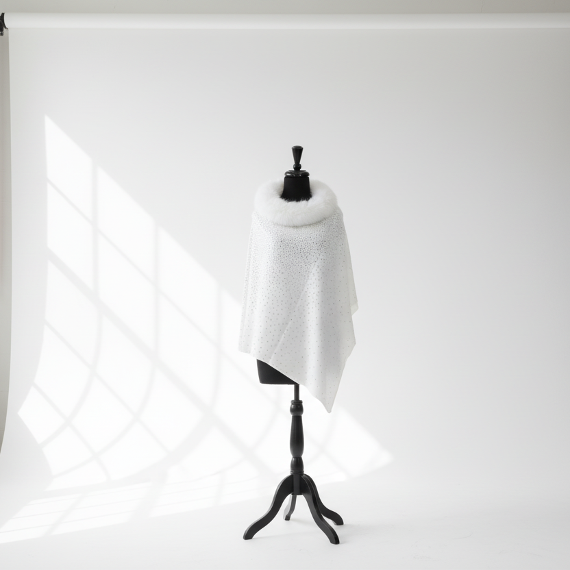 White sparkle poncho with faux fur collar on mannequin with soft lighting - elegant winter wrap product photography