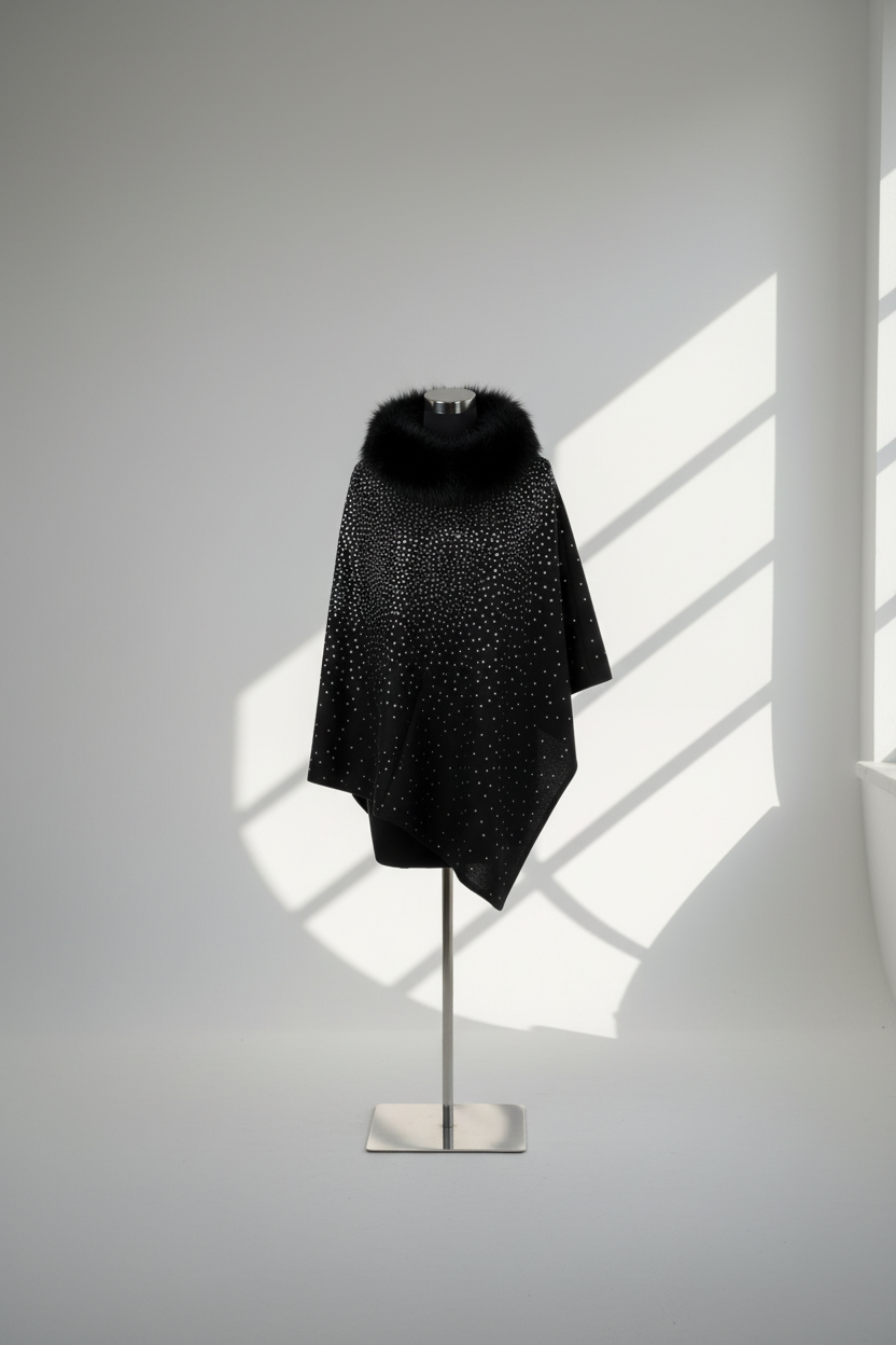  Black sparkle poncho with faux fur collar on mannequin with dramatic lighting - elegant winter wrap product photography