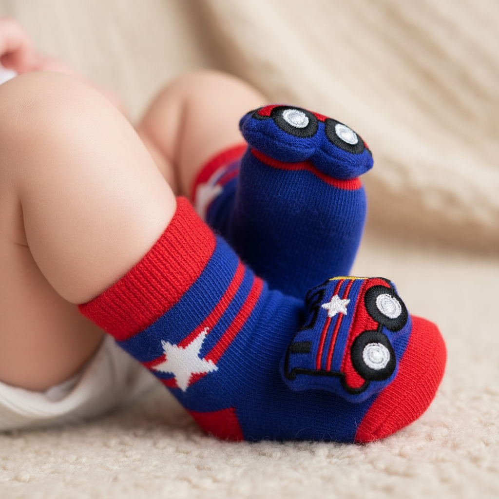 Baby feet wearing blue and red striped infant rattle socks with 3D red and blue train appliqué, boutique baby gift photography