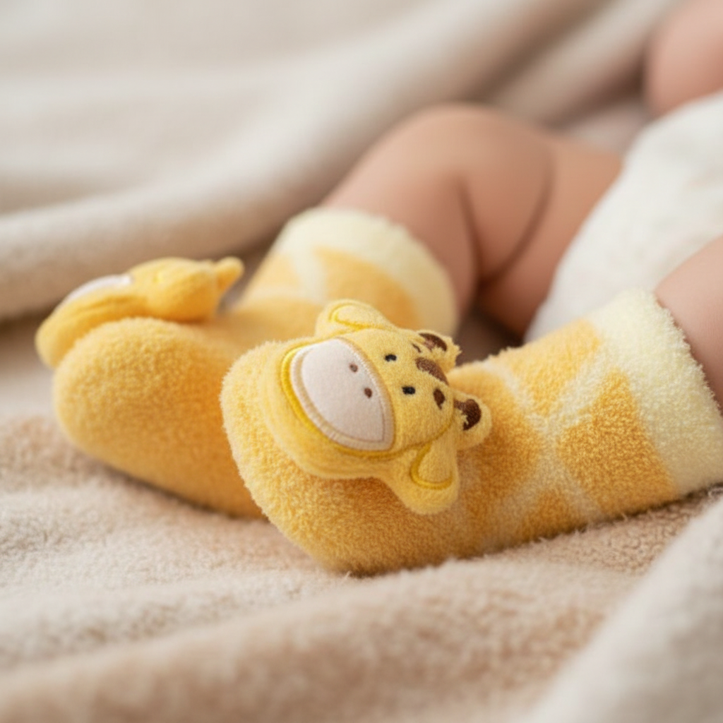 Baby feet wearing yellow fluffy monkey rattle socks with 3D animal face appliqué, premium boutique infant photography