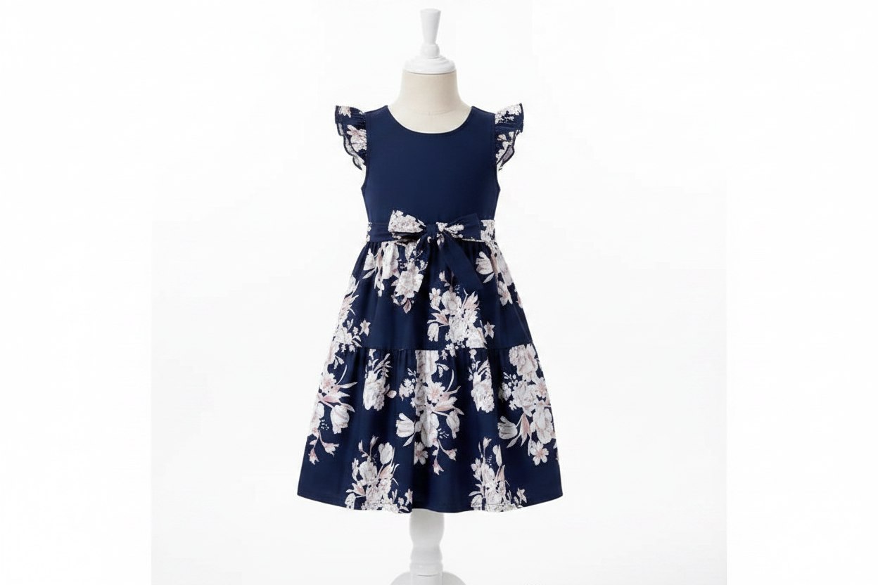 Baby girl navy floral ruffle dress on dress form white studio product photo family matching