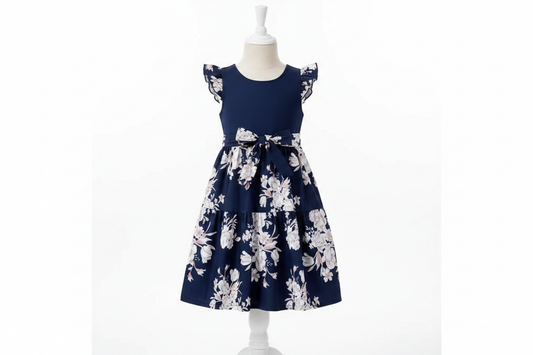 Baby girl navy floral ruffle dress on dress form white studio product photo family matching