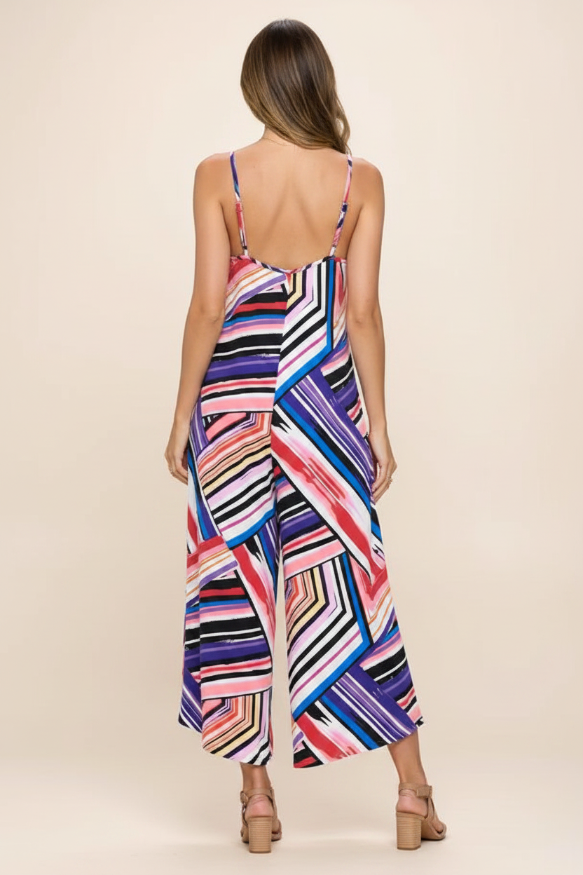 Abstract print wide-leg jumpsuit back view – ReneeC open back straight spaghetti straps multicolor jumpsuit