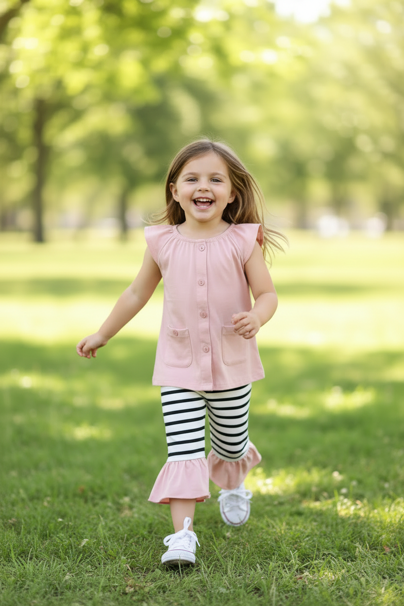 Girls blush pink flutter sleeve button top and striped ruffle capri pants set on 5-year-old girl in sunny park – kids casual outfit